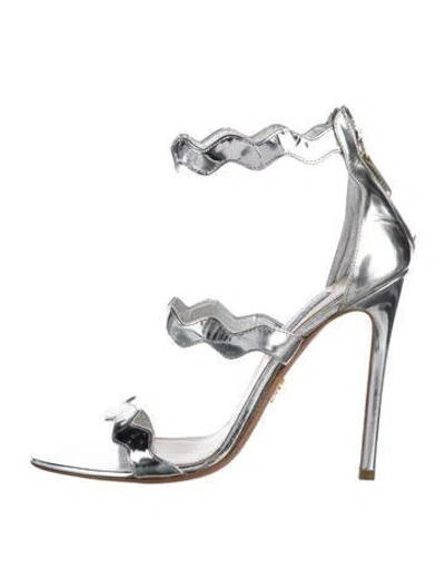 Pre-owned Prada Patent Leather Scalloped Accent Sandals In Silver