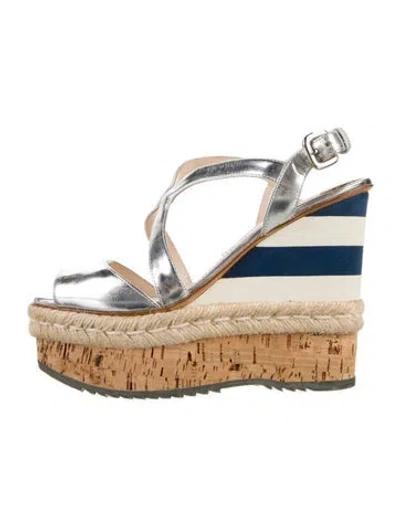 Pre-owned Prada Patent Leather Striped Espadrilles In Silver
