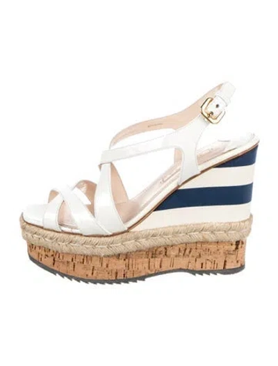 Pre-owned Prada Patent Leather Striped Espadrilles In White