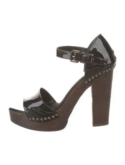 Pre-owned Prada Patent Leather Studded Accents Sandals In Black