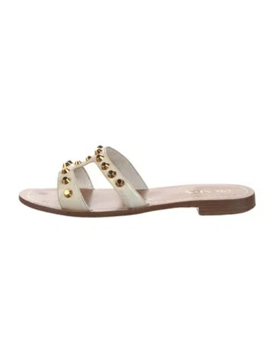 Pre-owned Prada Patent Leather Studded Accents Slides In Neutrals