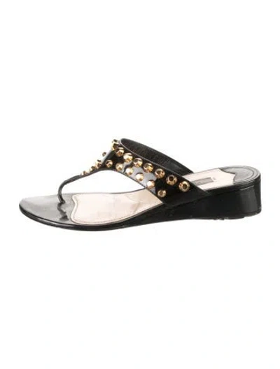 Pre-owned Prada Patent Leather Studded Accents T-strap Sandals In Black