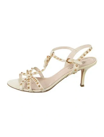 Pre-owned Prada Patent Leather Studded Accents T-strap Sandals In Neutral