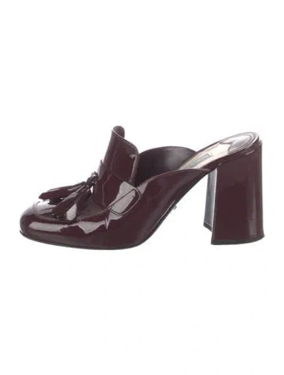Pre-owned Prada Patent Leather Tassel Accents Mules In Burgundy