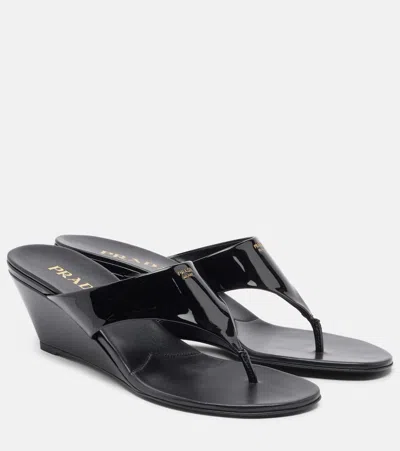 Prada Wedge Heel Sandals Glossy Finish Open Toe In Black