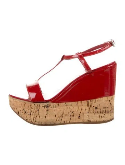 Pre-owned Prada Patent Leather T-strap Sandals In Neutrals/red