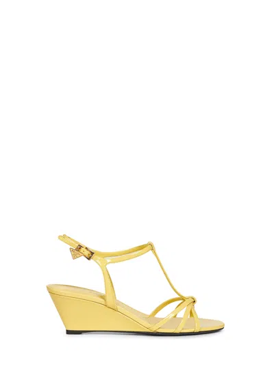 Prada Patent Leather T-strap Wedge Sandal In Yellow