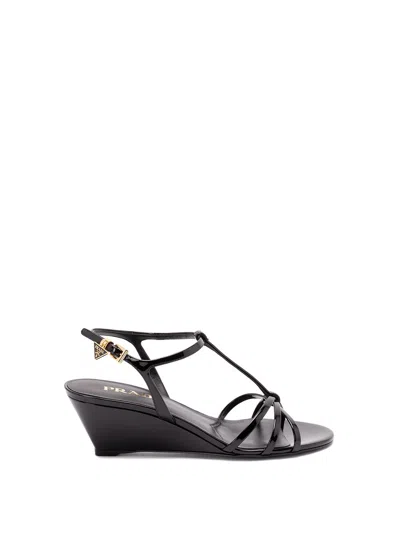 Prada Patent Leather Wedge Sandals In Black