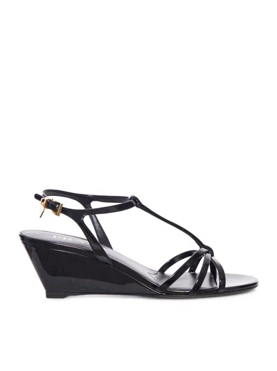 Prada Leather Sandals Wedge Heel Open Toe In Black
