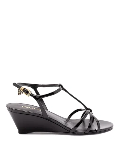 Prada Patent Leather Wedge Sandals In Animal Print