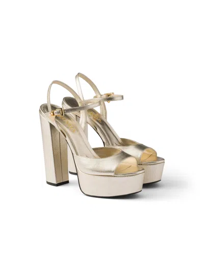 Prada Patent Saffiano Leather Platform Sandals In Silver