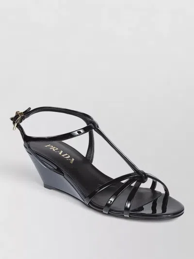 Prada Patent Sandals Open Toe Strappy Wedge Heel In Black