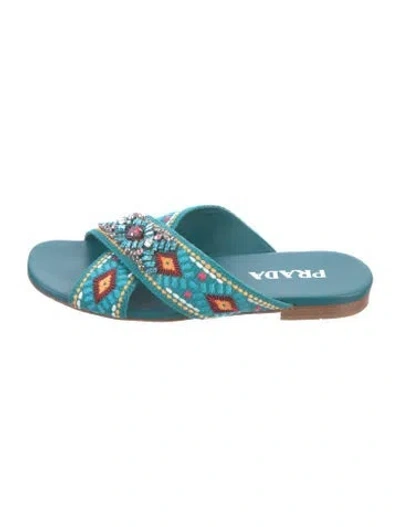 Pre-owned Prada Patterned Crystal Embellishments Slides In Blue