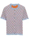 Prada Smocked Knit Diamond-embroidered Top In Blue