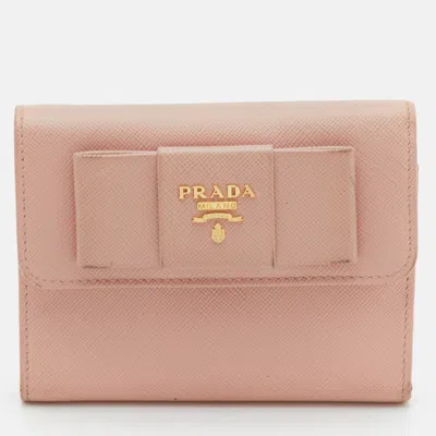 Pre-owned Prada Peach Saffiano Leather Bow Flap Compact Wallet In Orange