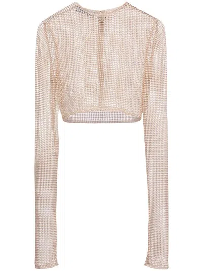 Prada Mesh Top With Embroidered Pearls In Ivory