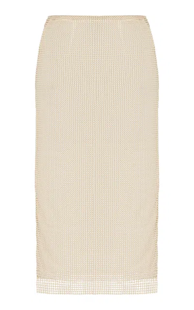 Prada Pearl-embroidered Mesh Midi Skirt In Neutral