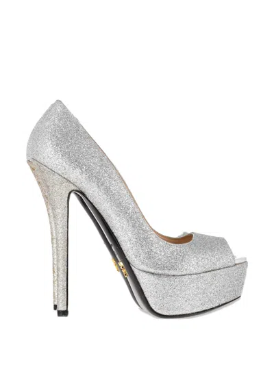 Pre-owned Prada Peep-toe Platform Pumps In Silver