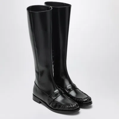 Prada Penny Boots In Black Glossy Leather
