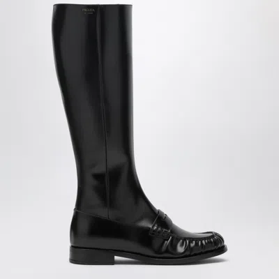 Prada Polished Leather Penny Knee-high Boots In Black