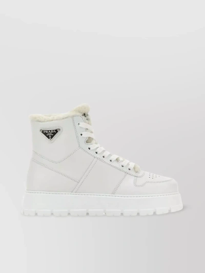 Prada Perforated High-top Leather Sneakers In White