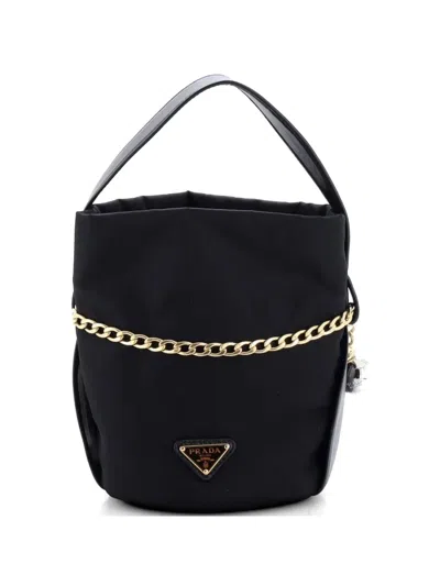 Pre-owned Prada Petit Sac Re-nylon And Nappa Leather Mini Bucket Bag In Black