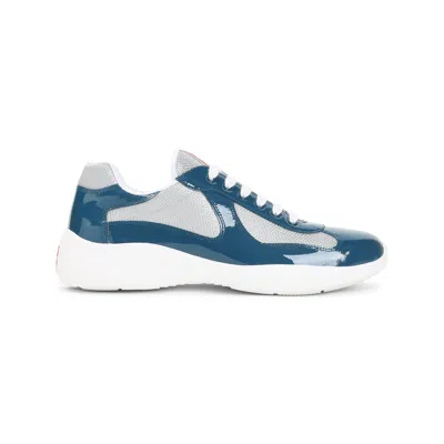 Prada Petrolio Silver Calf Leather Sneakers In Blue
