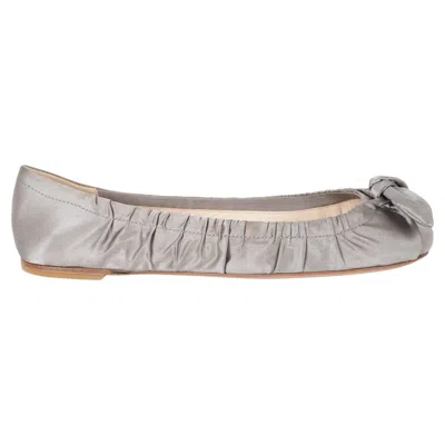 Pre-owned Prada Pewter Bow Satin Ballet Flats Shoes 39 In Gray