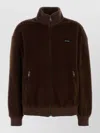 Prada Pile Bomber Jacket High Collar Ribbed Cuffs In Burgundy