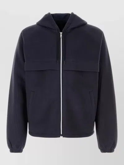 Prada Pile Hooded Jacket Long Sleeves Pockets In Blue