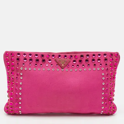 Pre-owned Prada Pink Canvas Crystal Embellished Zip Pouch Clutch