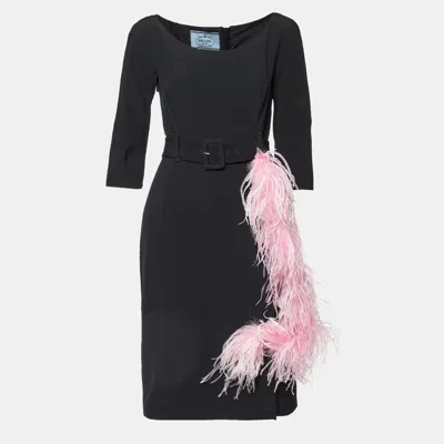 Pre-owned Prada Pink Crepe Detachable Feather Trim Belted Knee-length Dress M In Black
