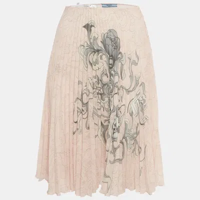 Pre-owned Prada Pink Floral Print Plisse Midi Skirt S