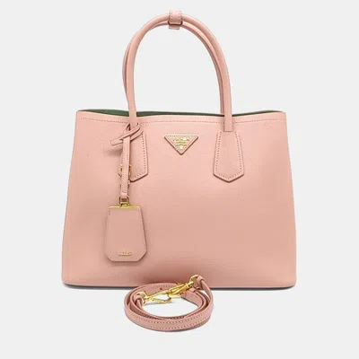 Pre-owned Prada Pink Leather Saffiano Double Tote And Shoulder Bag