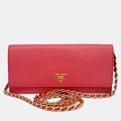 Pre-owned Prada Pink Leather Saffiano Long Wallet And Chain Crossbody Bag