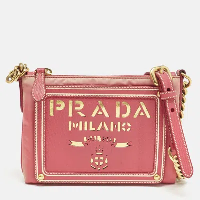Pre-owned Prada Pink Nylon And Saffiano Leather Flat Zip Crossbody Bag
