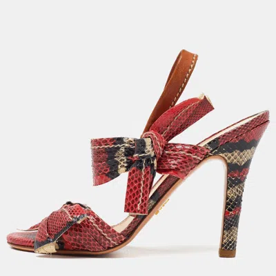 Pre-owned Prada Pink Python Leather Bow Ankle Strap Sandals Size 36.5 In Red