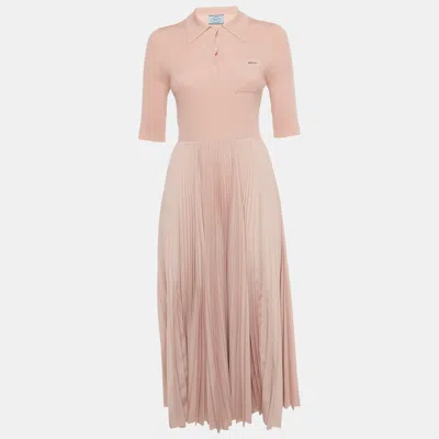 Pre-owned Prada Pink Rib Knit And Plisse Midi Dress M