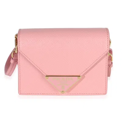 Pre-owned Prada Pink Saffiano Card Holder With Strap