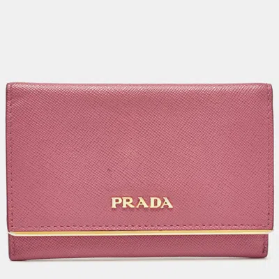 Pre-owned Prada Pink Saffiano Leather Flap Metal Card Holder