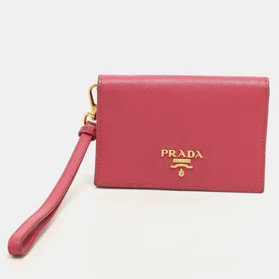 Pre-owned Prada Pink Saffiano Leather Wristlet Card Holder