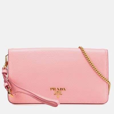 Pre-owned Prada Pink Saffiano Lux Wallet On Chain