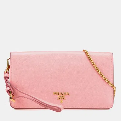 Pre-owned Prada Pink Saffiano Lux Wallet On Chain