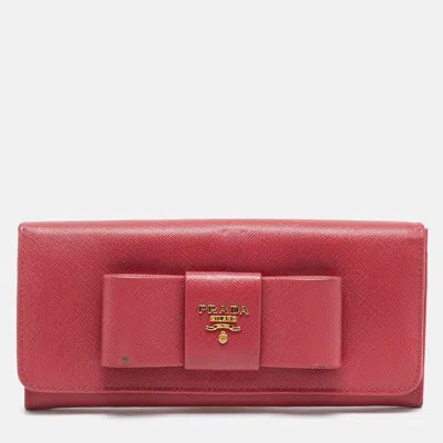 Pre-owned Prada Pink Saffiano Metal Leather Bow Flap Continental Wallet