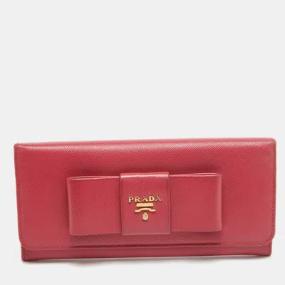 Pre-owned Prada Pink Saffiano Metal Leather Bow Flap Continental Wallet