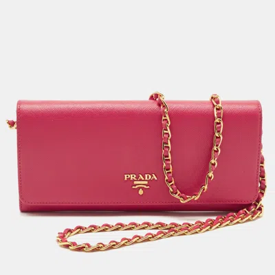 Pre-owned Prada Pink Saffiano Metal Leather Logo Flap Wallet On Chain
