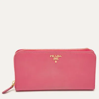 Pre-owned Prada Pink Saffiano Metal Leather Logo Zip Continental Wallet
