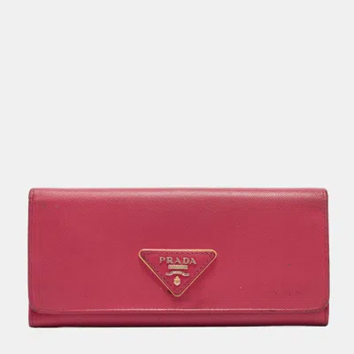 Pre-owned Prada Pink Saffiano Metal Leather Triangle Logo Flap Continental Wallet