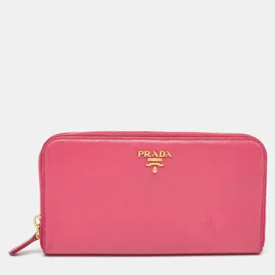 Pre-owned Prada Pink Saffiano Metal Leather Zip Continental Wallet