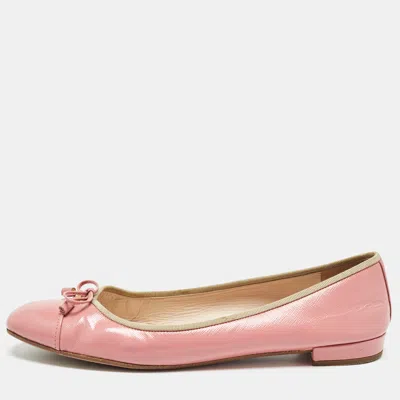 Pre-owned Prada Pink Saffiano Vernice Leather Bow Ballet Flats Size 42